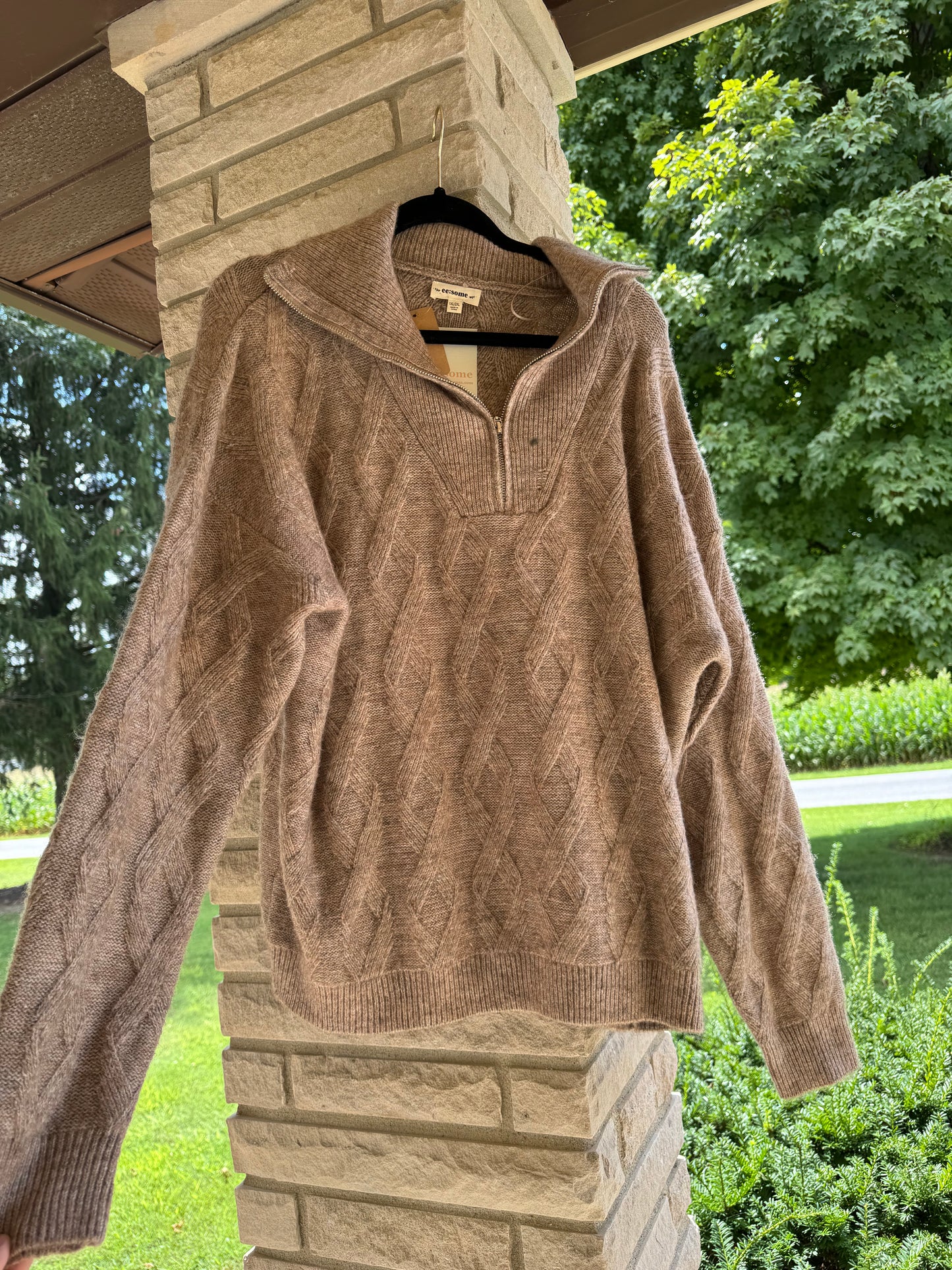 Quarter-Zip Tan Knitted Sweater
